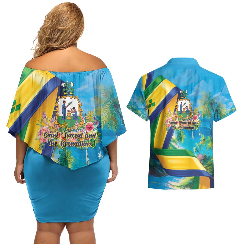 Saint Vincent And The Grenadines Couples Matching Off Shoulder Short Dress and Hawaiian Shirt 46 Years Of Independence - Wonder Print Shop