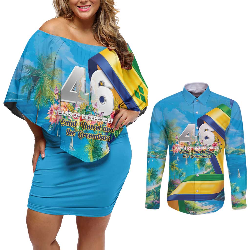 Saint Vincent And The Grenadines Couples Matching Off Shoulder Short Dress and Long Sleeve Button Shirt 46 Years Of Independence - Wonder Print Shop