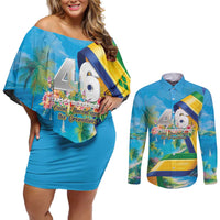 Saint Vincent And The Grenadines Couples Matching Off Shoulder Short Dress and Long Sleeve Button Shirt 46 Years Of Independence - Wonder Print Shop