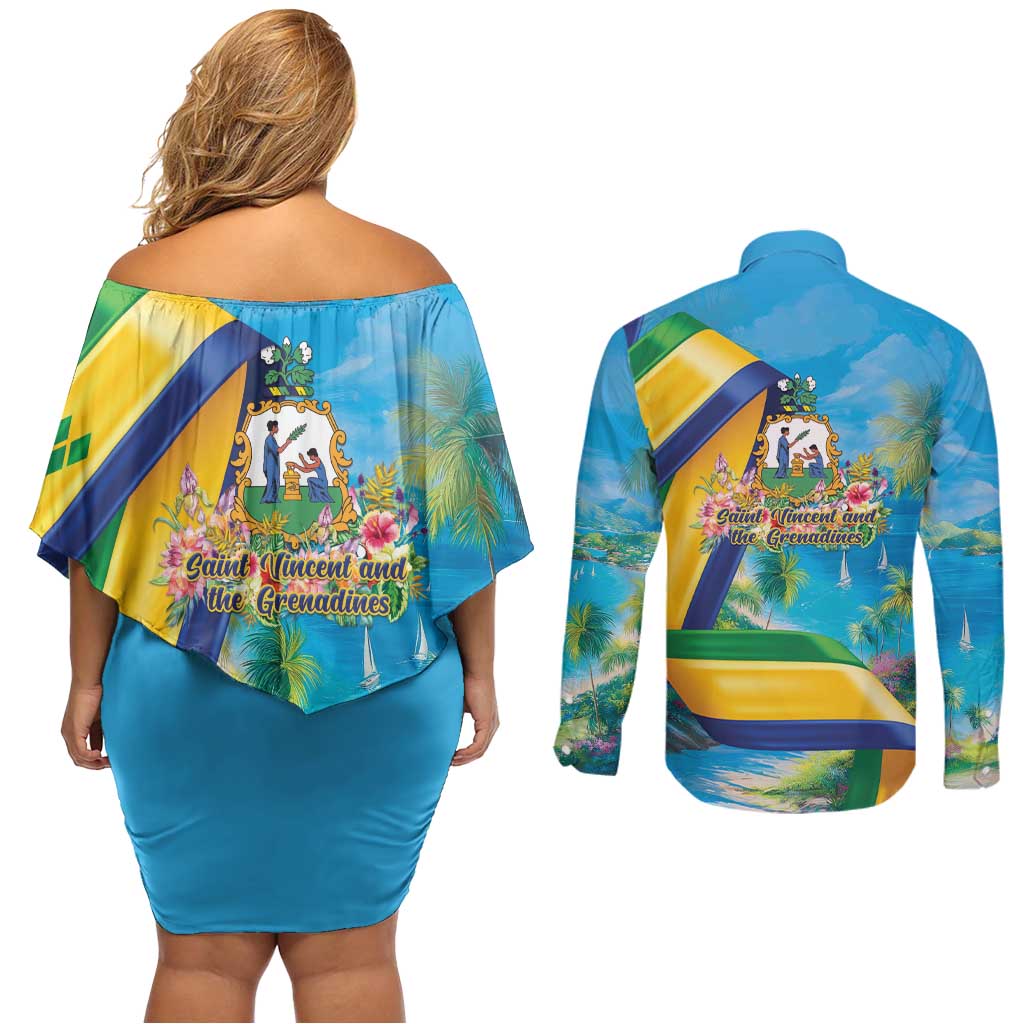Saint Vincent And The Grenadines Couples Matching Off Shoulder Short Dress and Long Sleeve Button Shirt 46 Years Of Independence - Wonder Print Shop