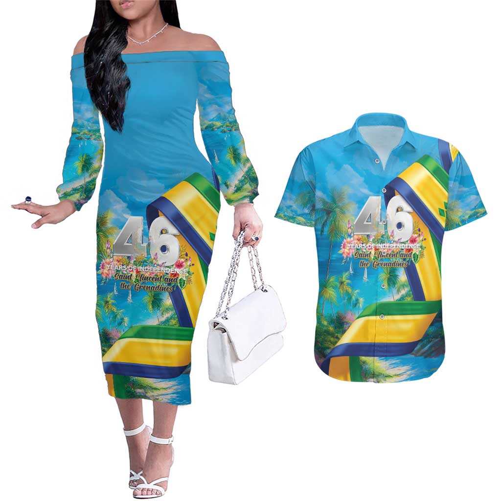 Saint Vincent And The Grenadines Couples Matching Off The Shoulder Long Sleeve Dress and Hawaiian Shirt 46 Years Of Independence - Wonder Print Shop
