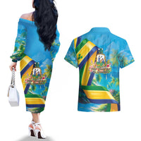 Saint Vincent And The Grenadines Couples Matching Off The Shoulder Long Sleeve Dress and Hawaiian Shirt 46 Years Of Independence - Wonder Print Shop