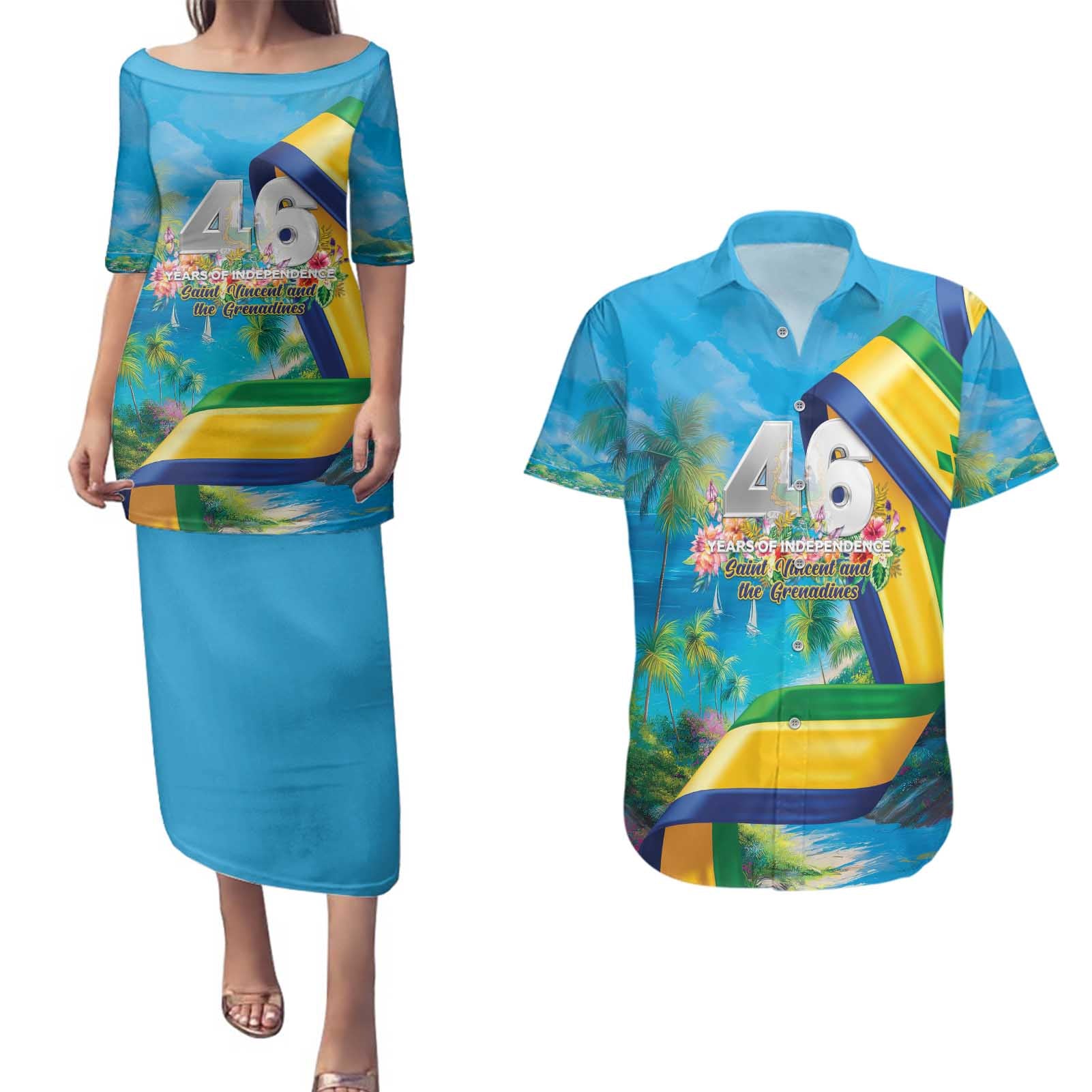 Saint Vincent And The Grenadines Couples Matching Puletasi and Hawaiian Shirt 46 Years Of Independence - Wonder Print Shop