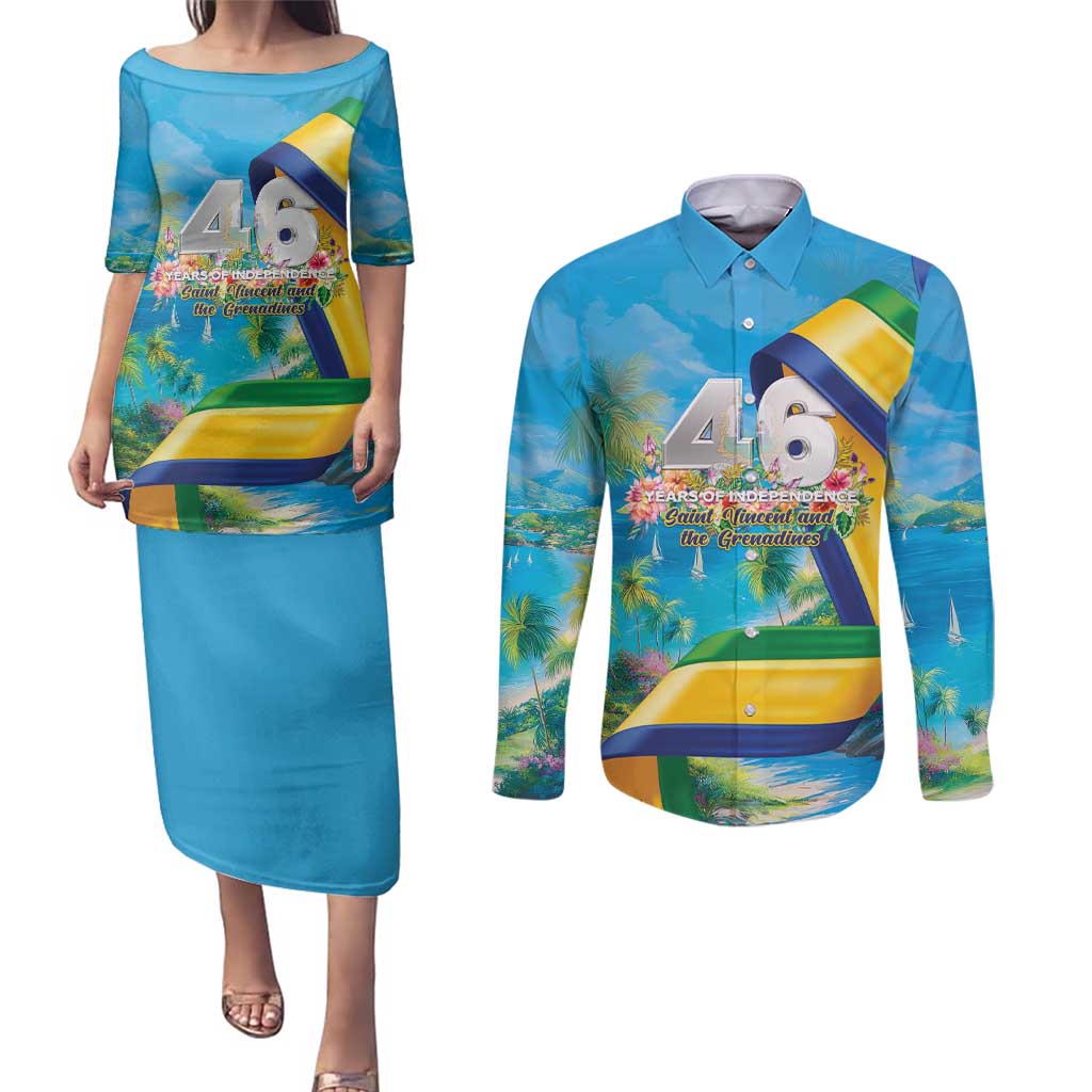Saint Vincent And The Grenadines Couples Matching Puletasi and Long Sleeve Button Shirt 46 Years Of Independence - Wonder Print Shop