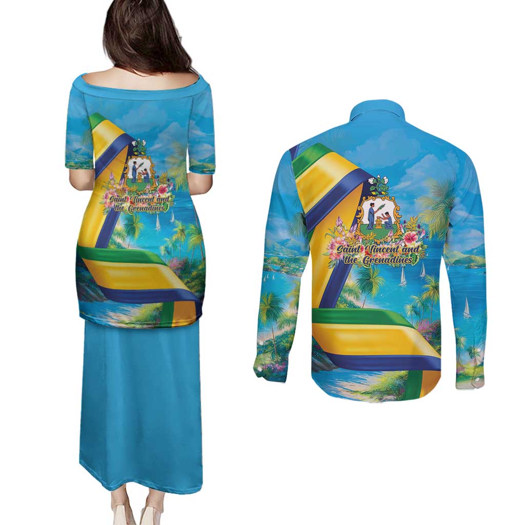 Saint Vincent And The Grenadines Couples Matching Puletasi and Long Sleeve Button Shirt 46 Years Of Independence - Wonder Print Shop