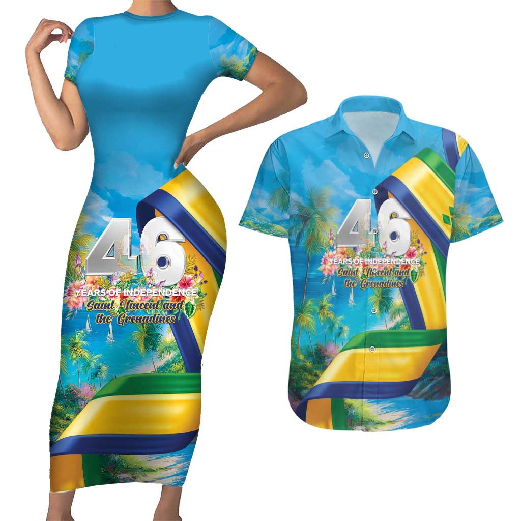 Saint Vincent And The Grenadines Couples Matching Short Sleeve Bodycon Dress and Hawaiian Shirt 46 Years Of Independence - Wonder Print Shop