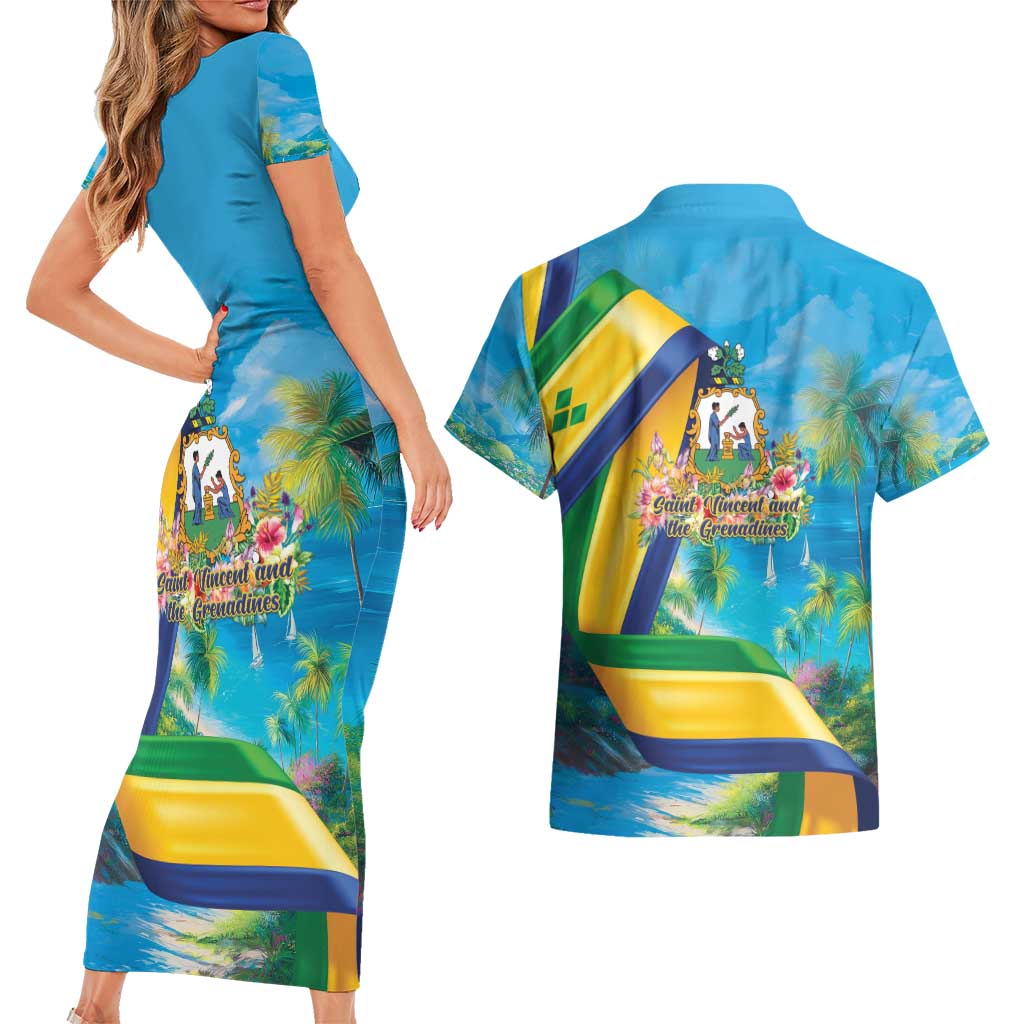 Saint Vincent And The Grenadines Couples Matching Short Sleeve Bodycon Dress and Hawaiian Shirt 46 Years Of Independence - Wonder Print Shop
