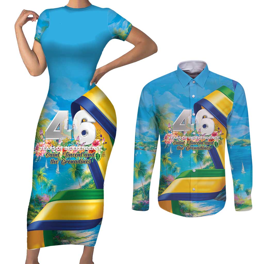 Saint Vincent And The Grenadines Couples Matching Short Sleeve Bodycon Dress and Long Sleeve Button Shirt 46 Years Of Independence - Wonder Print Shop