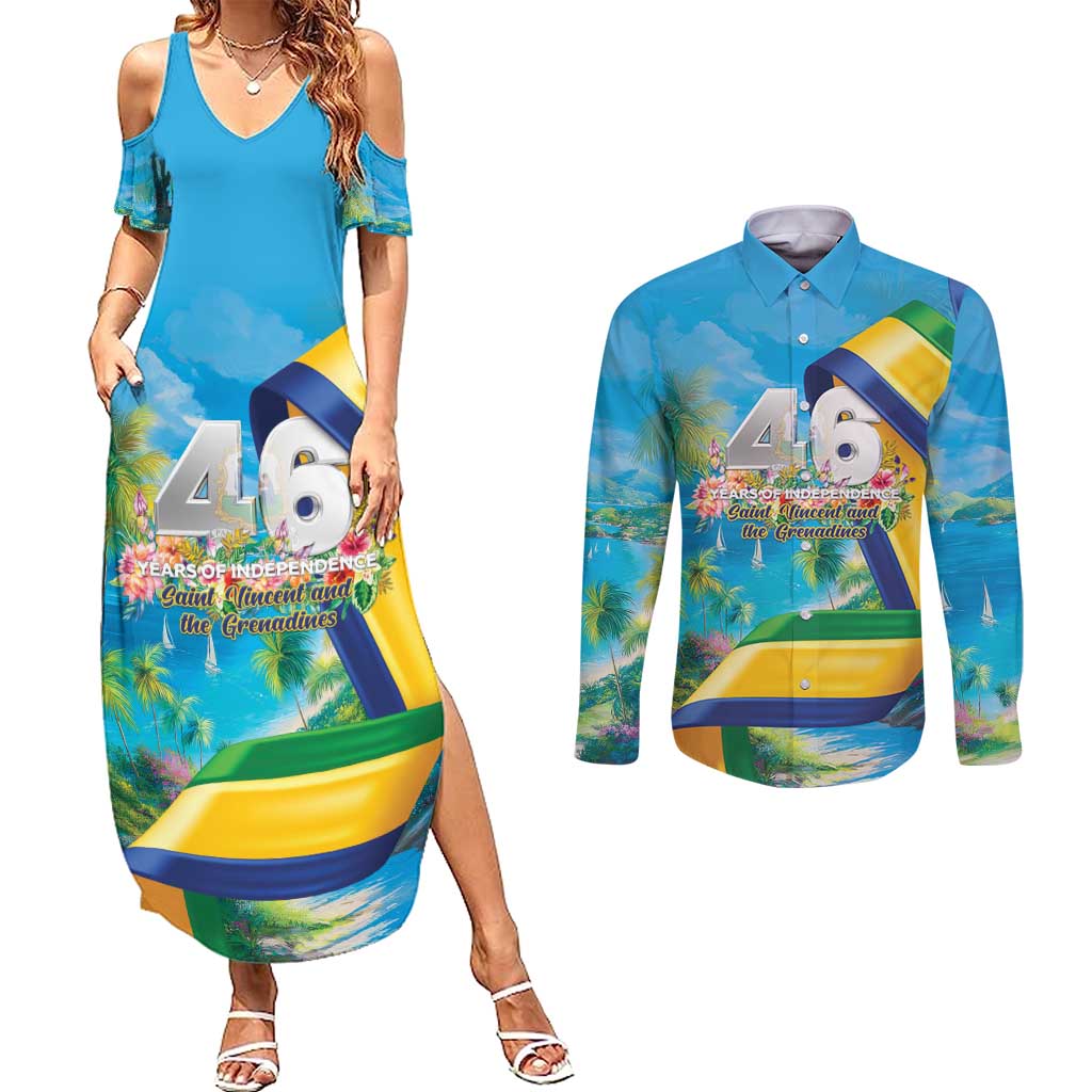Saint Vincent And The Grenadines Couples Matching Summer Maxi Dress and Long Sleeve Button Shirt 46 Years Of Independence - Wonder Print Shop