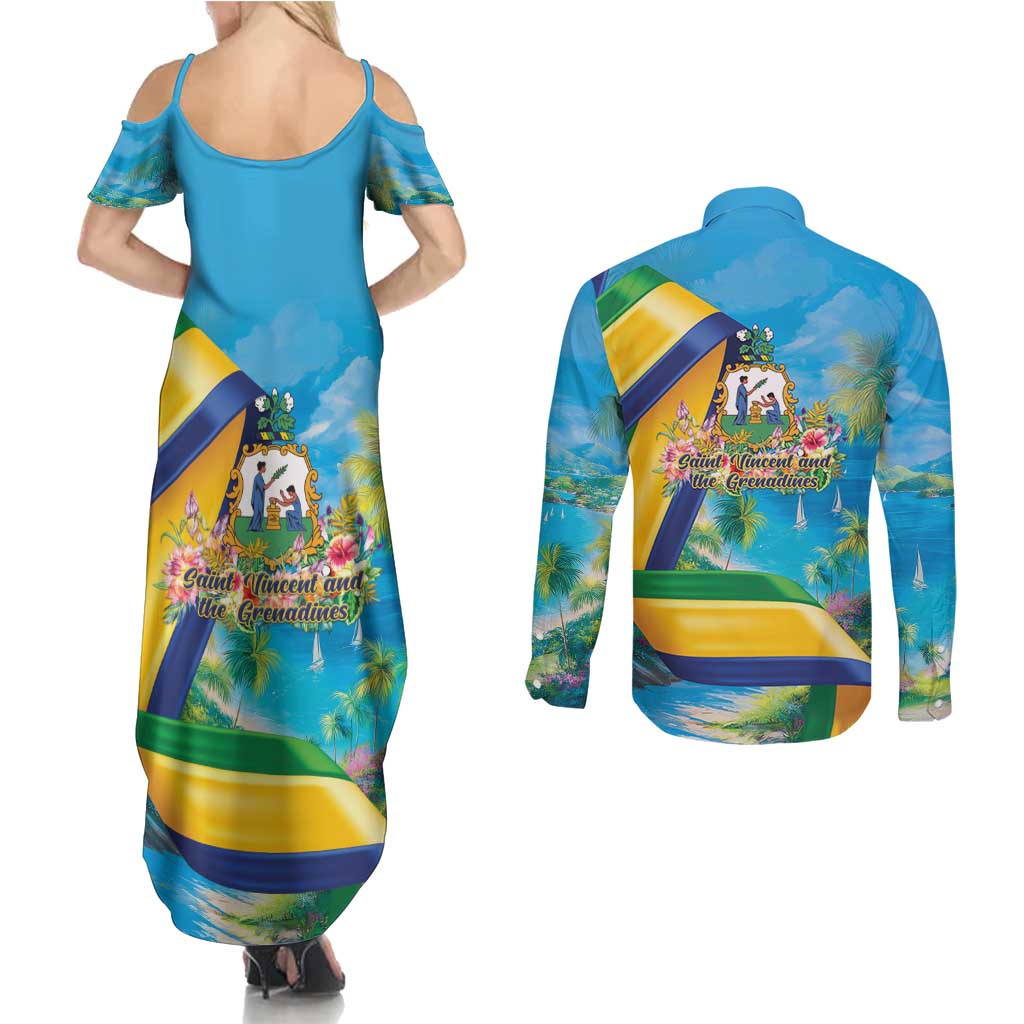 Saint Vincent And The Grenadines Couples Matching Summer Maxi Dress and Long Sleeve Button Shirt 46 Years Of Independence - Wonder Print Shop