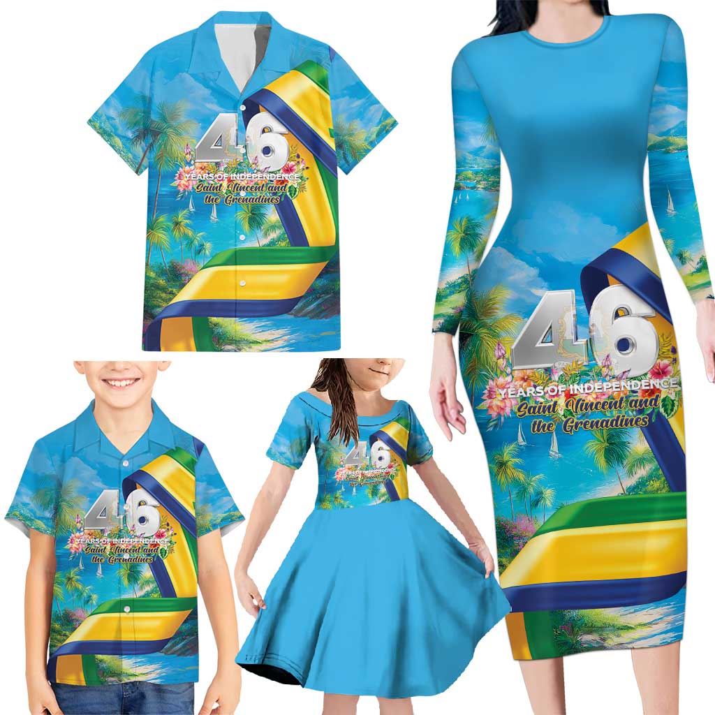 Saint Vincent And The Grenadines Family Matching Long Sleeve Bodycon Dress and Hawaiian Shirt 46 Years Of Independence - Wonder Print Shop