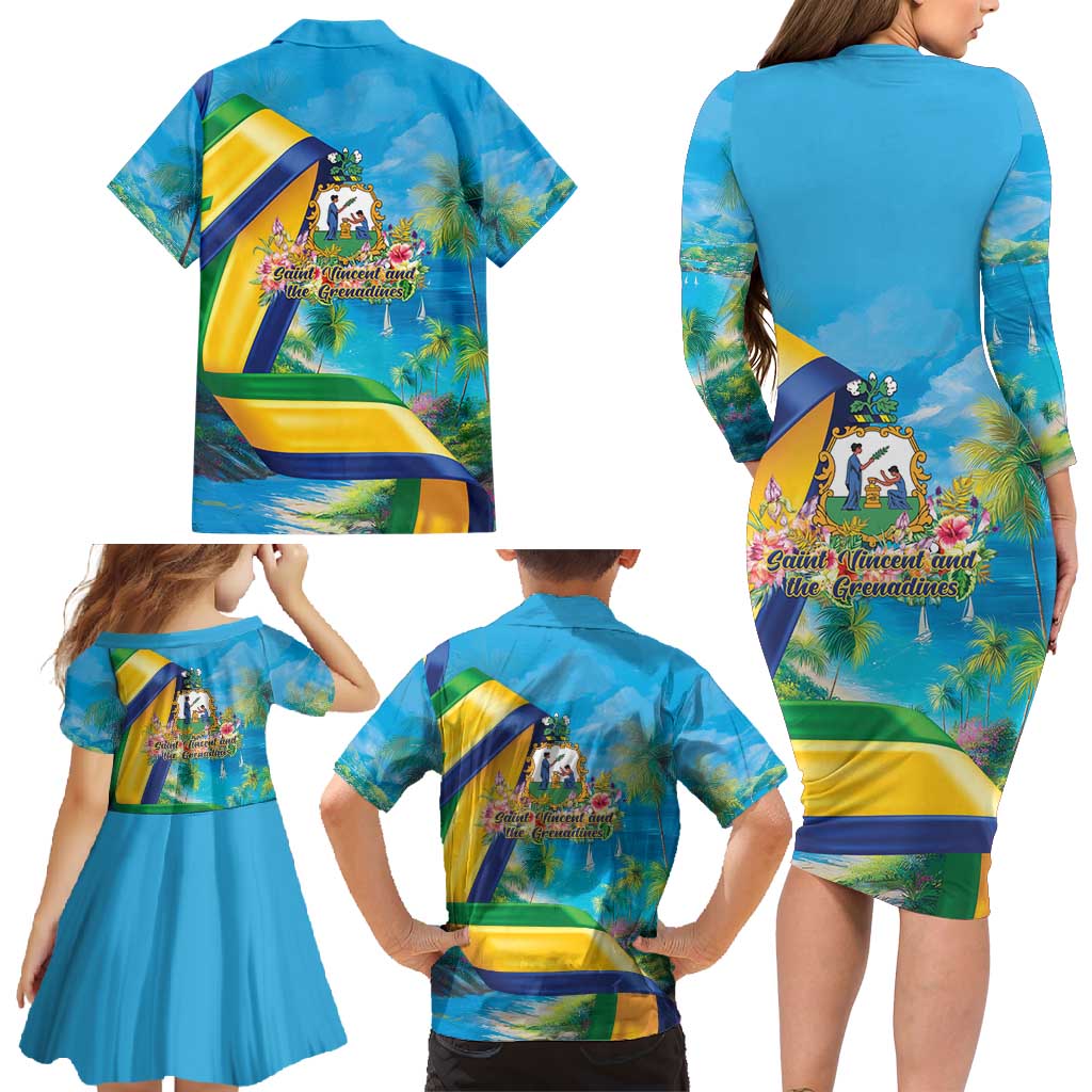 Saint Vincent And The Grenadines Family Matching Long Sleeve Bodycon Dress and Hawaiian Shirt 46 Years Of Independence - Wonder Print Shop