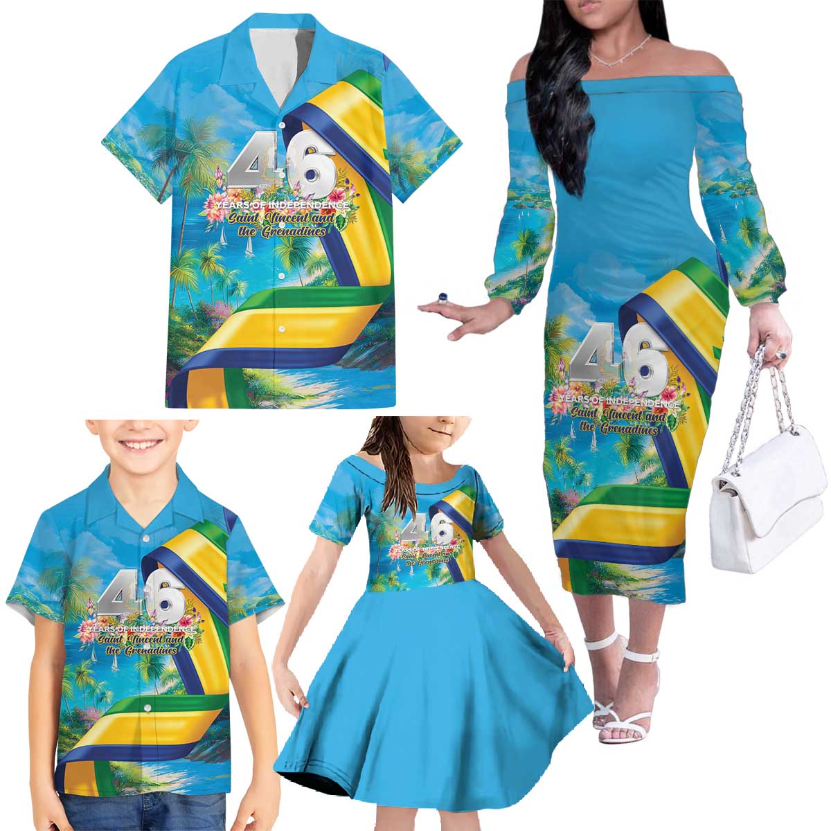 Saint Vincent And The Grenadines Family Matching Off The Shoulder Long Sleeve Dress and Hawaiian Shirt 46 Years Of Independence - Wonder Print Shop