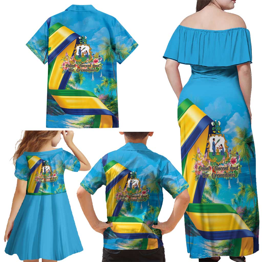 Saint Vincent And The Grenadines Family Matching Off Shoulder Maxi Dress and Hawaiian Shirt 46 Years Of Independence - Wonder Print Shop