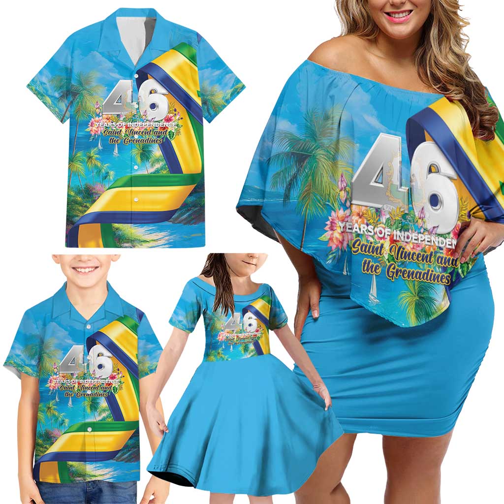 Saint Vincent And The Grenadines Family Matching Off Shoulder Short Dress and Hawaiian Shirt 46 Years Of Independence - Wonder Print Shop