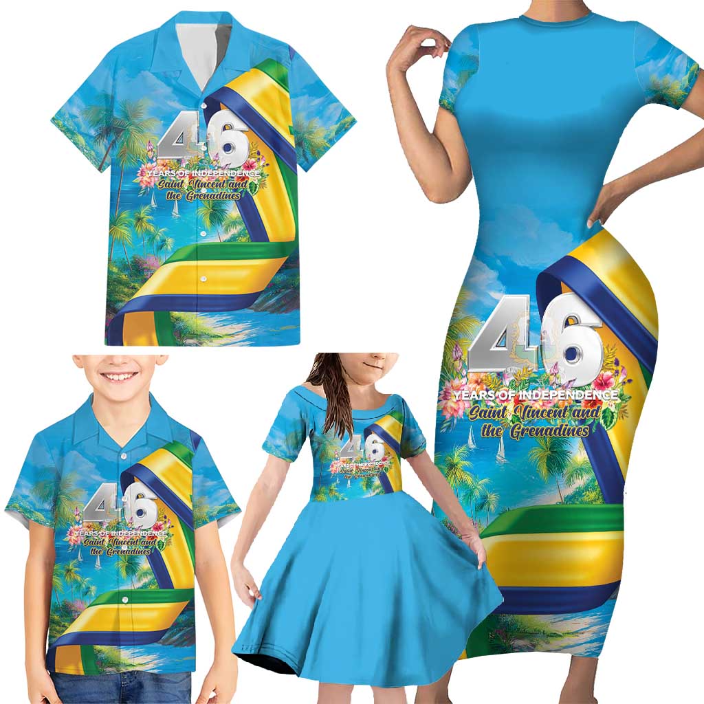 Saint Vincent And The Grenadines Family Matching Short Sleeve Bodycon Dress and Hawaiian Shirt 46 Years Of Independence - Wonder Print Shop