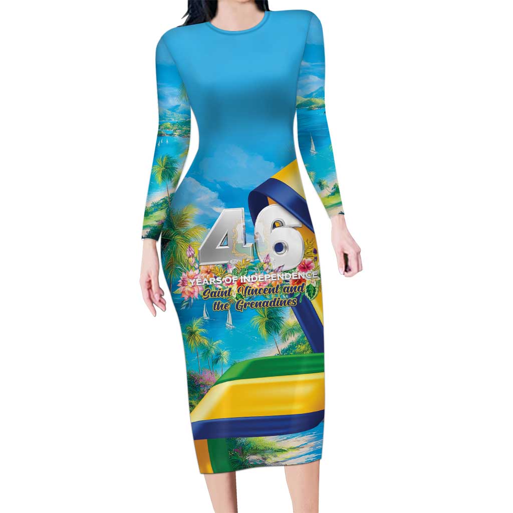 Saint Vincent And The Grenadines Long Sleeve Bodycon Dress 46 Years Of Independence - Wonder Print Shop