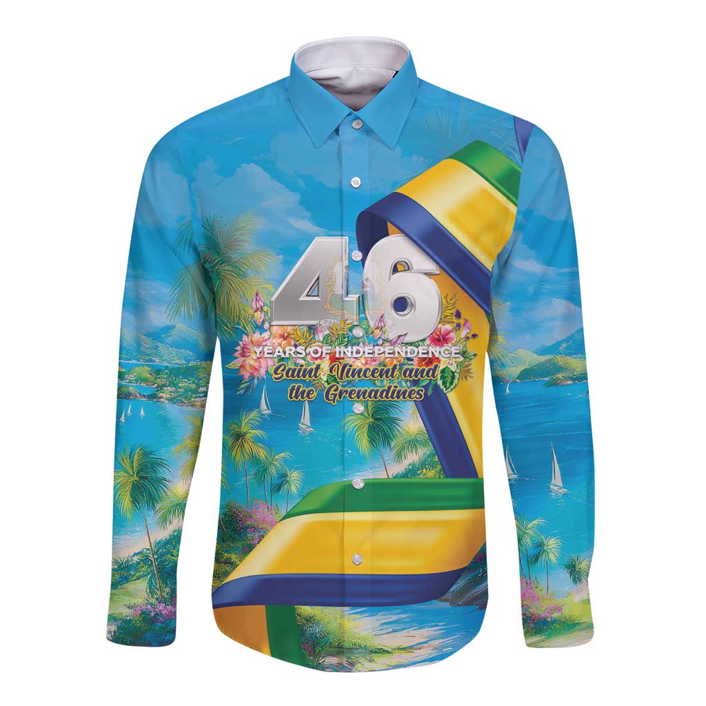 Saint Vincent And The Grenadines Long Sleeve Button Shirt 46 Years Of Independence - Wonder Print Shop
