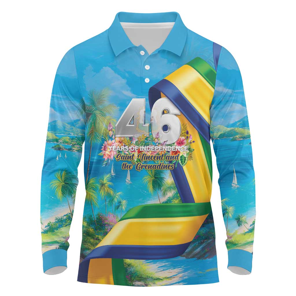 Saint Vincent And The Grenadines Long Sleeve Polo Shirt 46 Years Of Independence - Wonder Print Shop