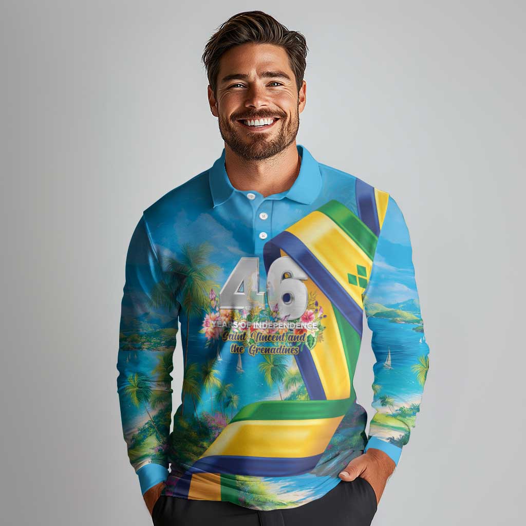 Saint Vincent And The Grenadines Long Sleeve Polo Shirt 46 Years Of Independence - Wonder Print Shop