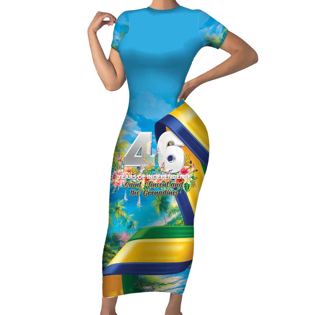 Saint Vincent And The Grenadines Short Sleeve Bodycon Dress 46 Years Of Independence - Wonder Print Shop