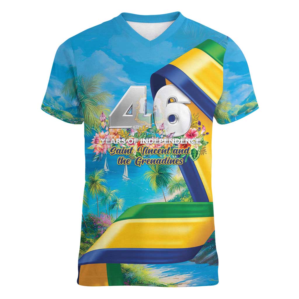 Saint Vincent And The Grenadines Women V-Neck T-Shirt 46 Years Of Independence - Wonder Print Shop