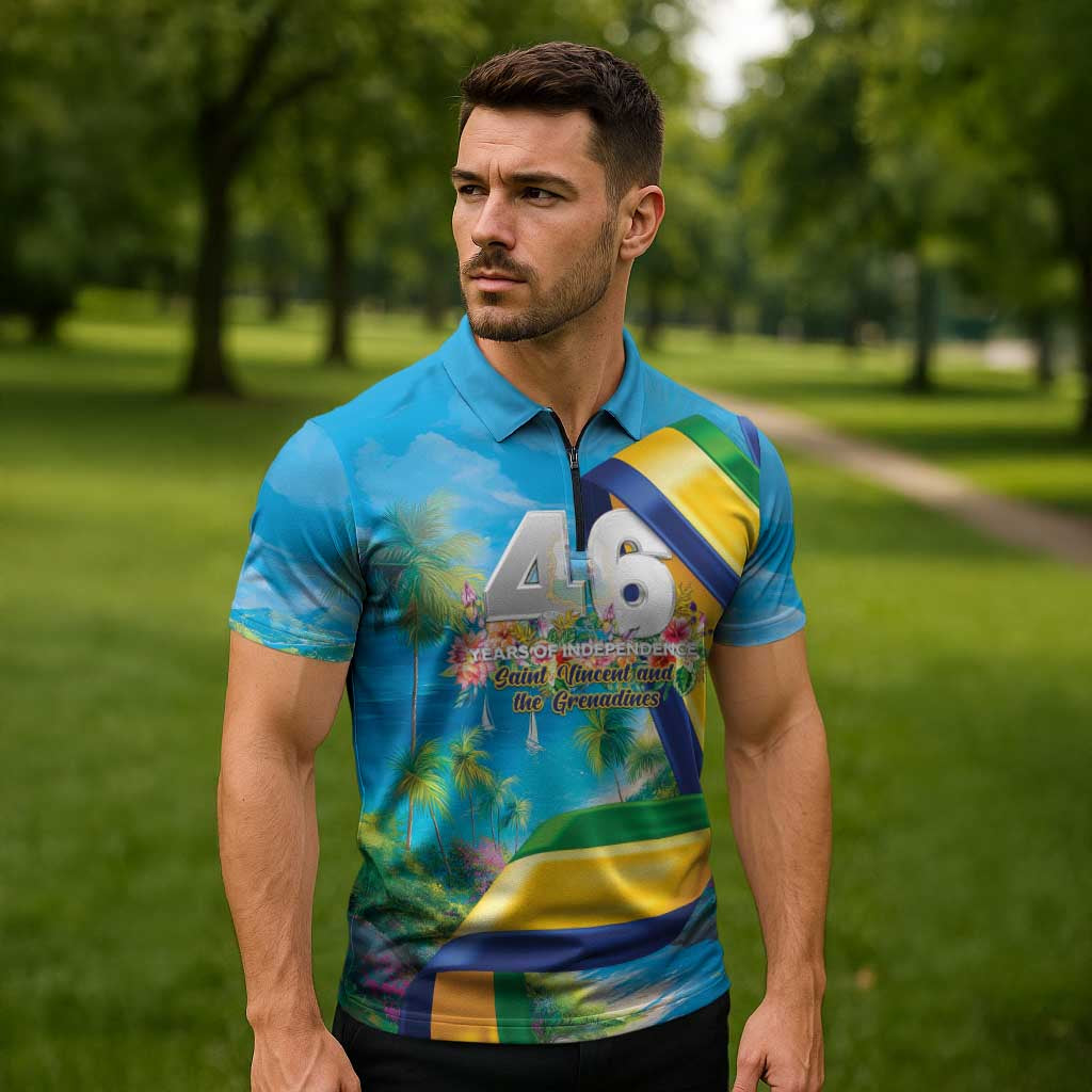 Saint Vincent And The Grenadines Zipper Polo Shirt 46 Years Of Independence - Wonder Print Shop