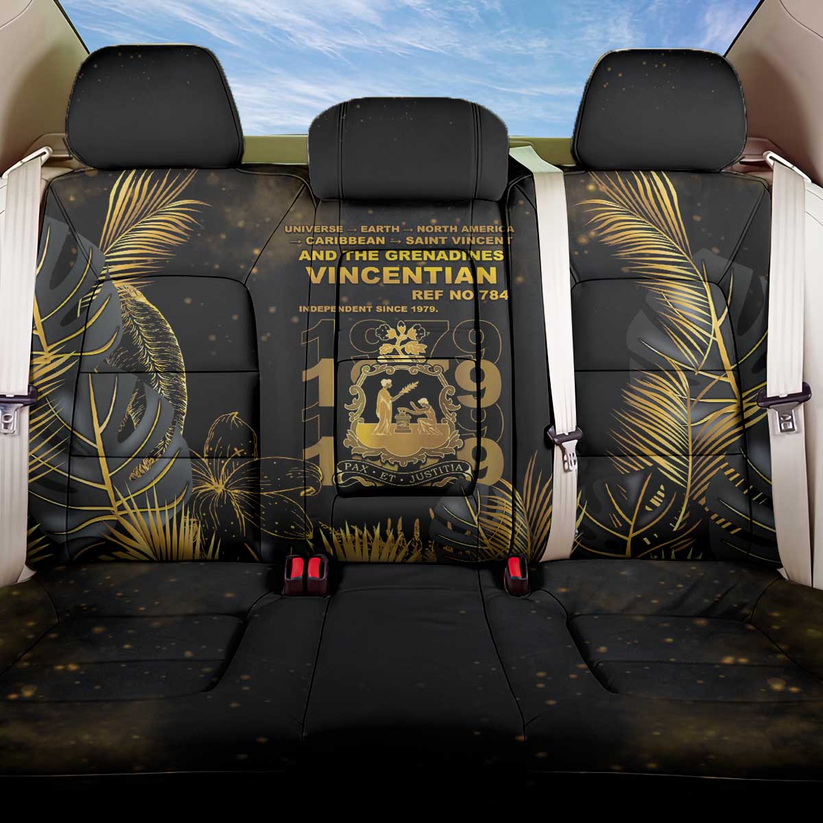 Saint Vincent And The Grenadines 1979 Back Car Seat Cover Gold Tropical Leaves And Coat Of Arms - Wonder Print Shop