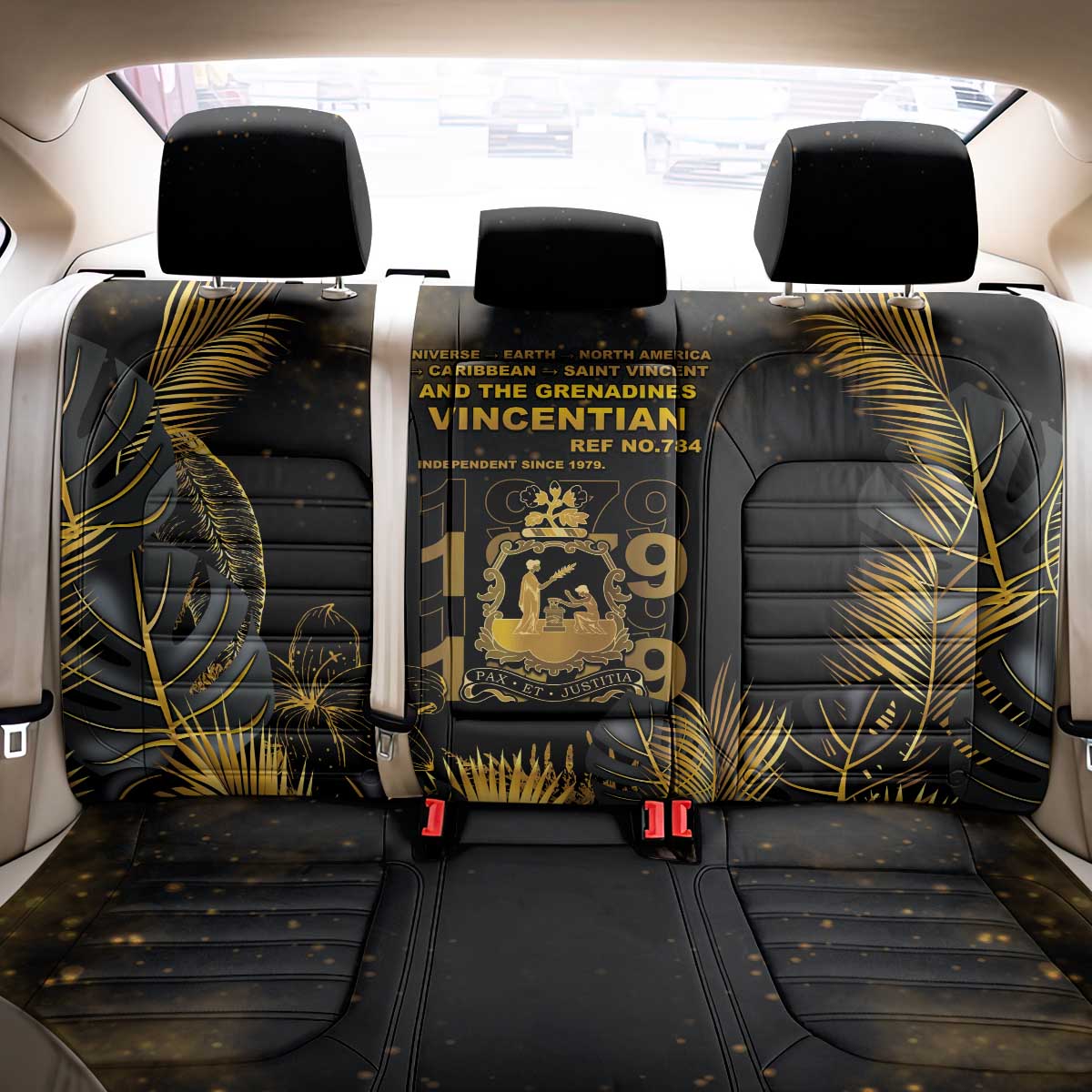 Saint Vincent And The Grenadines 1979 Back Car Seat Cover Gold Tropical Leaves And Coat Of Arms - Wonder Print Shop