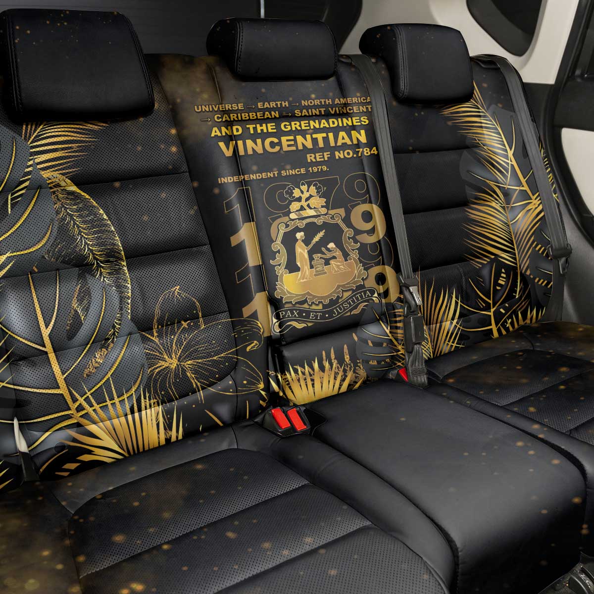 Saint Vincent And The Grenadines 1979 Back Car Seat Cover Gold Tropical Leaves And Coat Of Arms - Wonder Print Shop