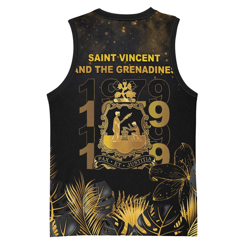 Saint Vincent And The Grenadines 1979 Basketball Jersey Gold Tropical Leaves And Coat Of Arms - Wonder Print Shop