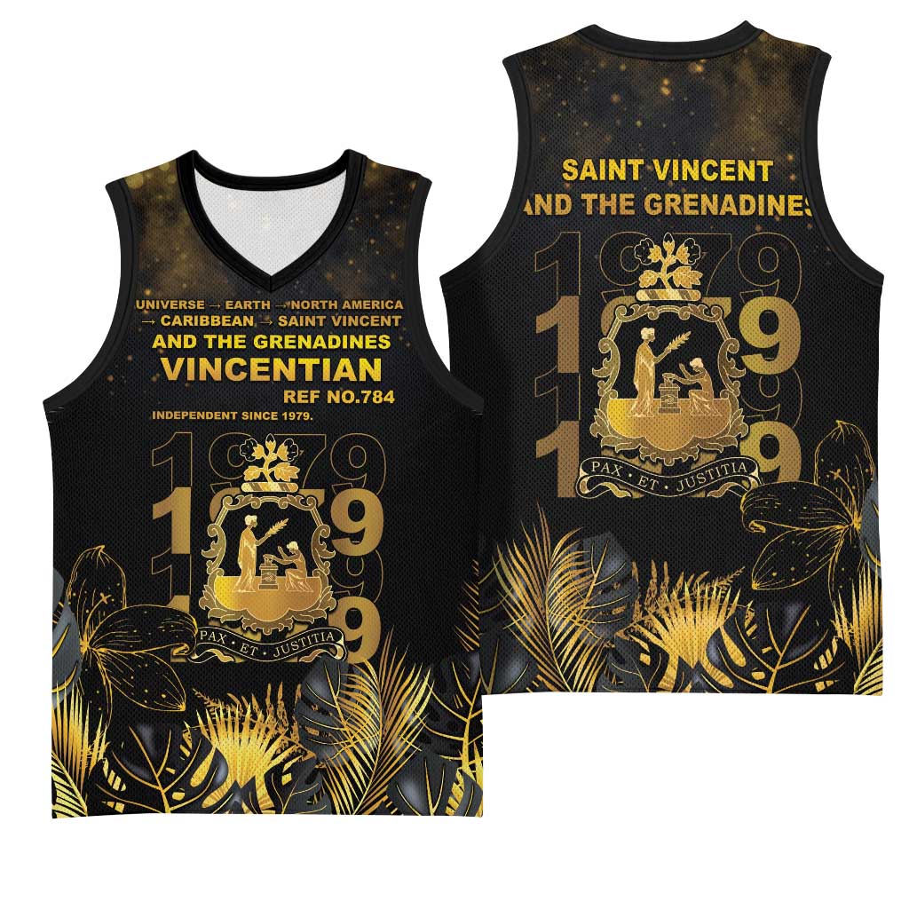 Saint Vincent And The Grenadines 1979 Basketball Jersey Gold Tropical Leaves And Coat Of Arms - Wonder Print Shop
