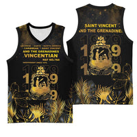 Saint Vincent And The Grenadines 1979 Basketball Jersey Gold Tropical Leaves And Coat Of Arms - Wonder Print Shop