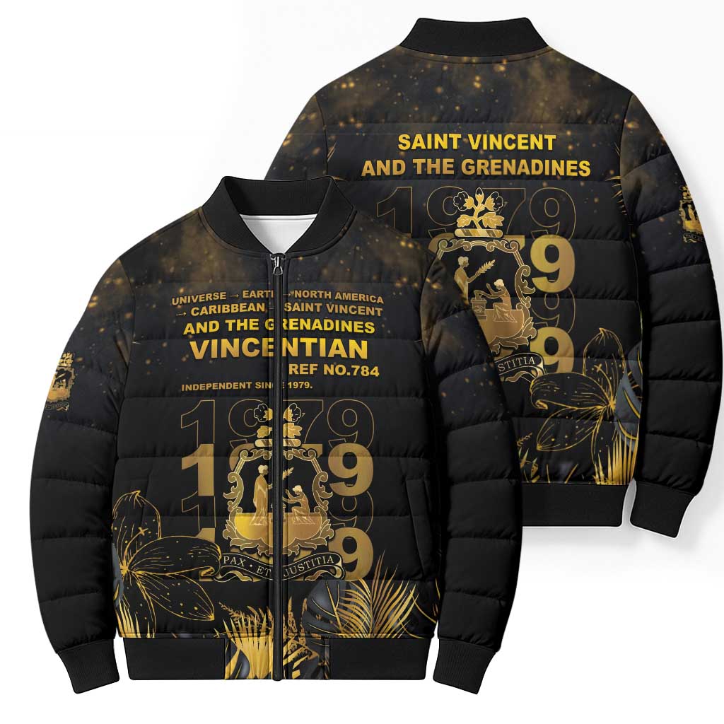 Saint Vincent And The Grenadines 1979 Bomber Puffer Jacket Gold Tropical Leaves And Coat Of Arms - Wonder Print Shop