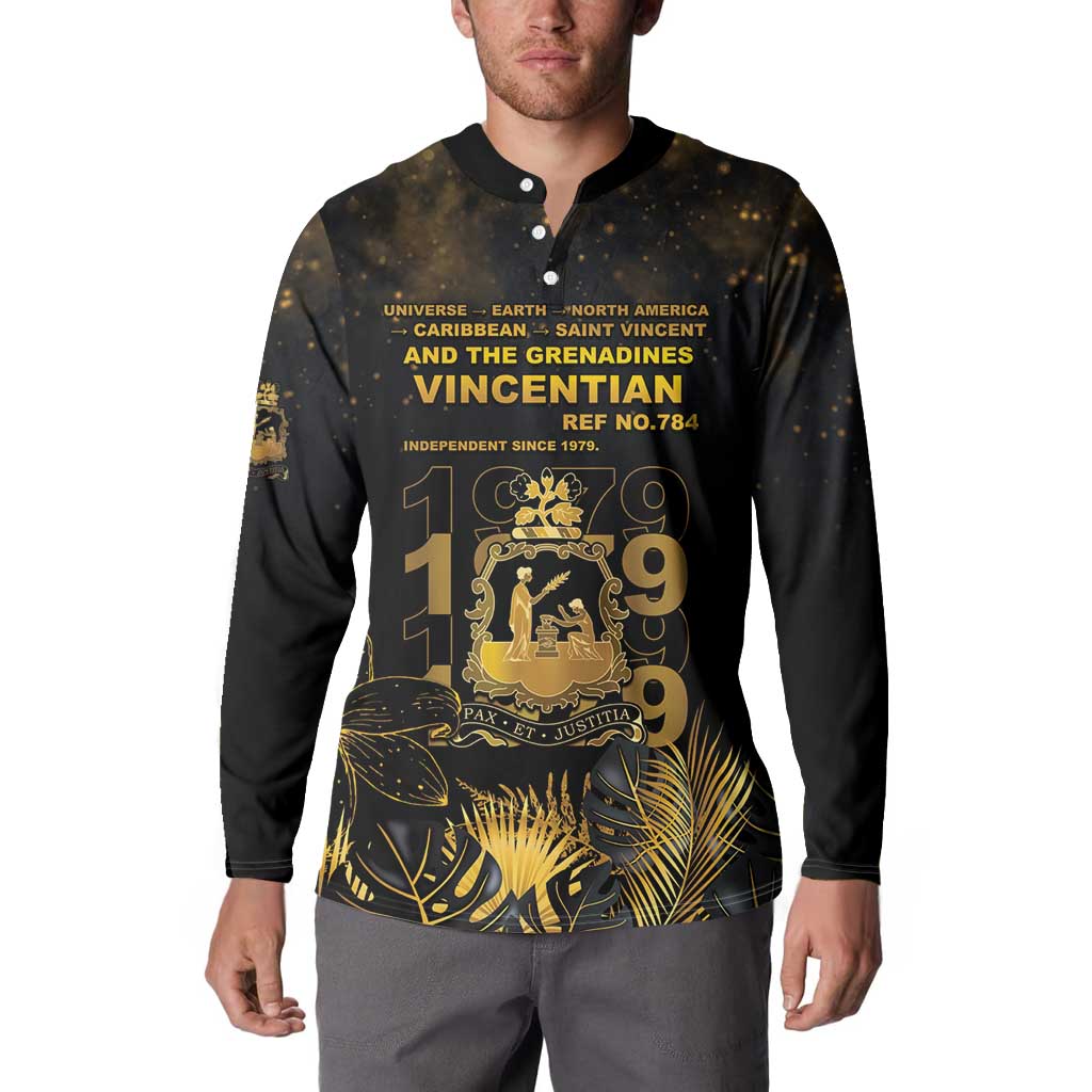 Saint Vincent And The Grenadines 1979 Button Sweatshirt Gold Tropical Leaves And Coat Of Arms - Wonder Print Shop