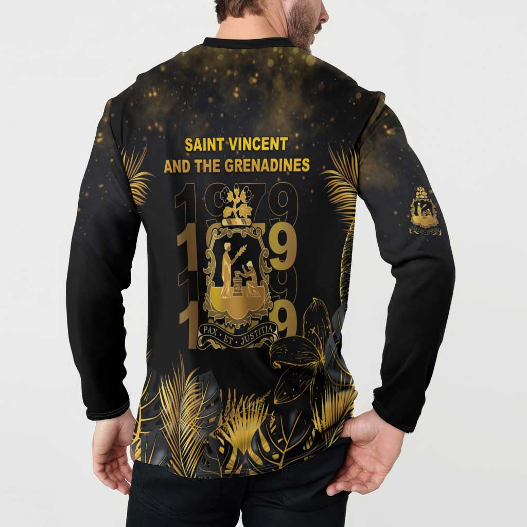 Saint Vincent And The Grenadines 1979 Button Sweatshirt Gold Tropical Leaves And Coat Of Arms - Wonder Print Shop
