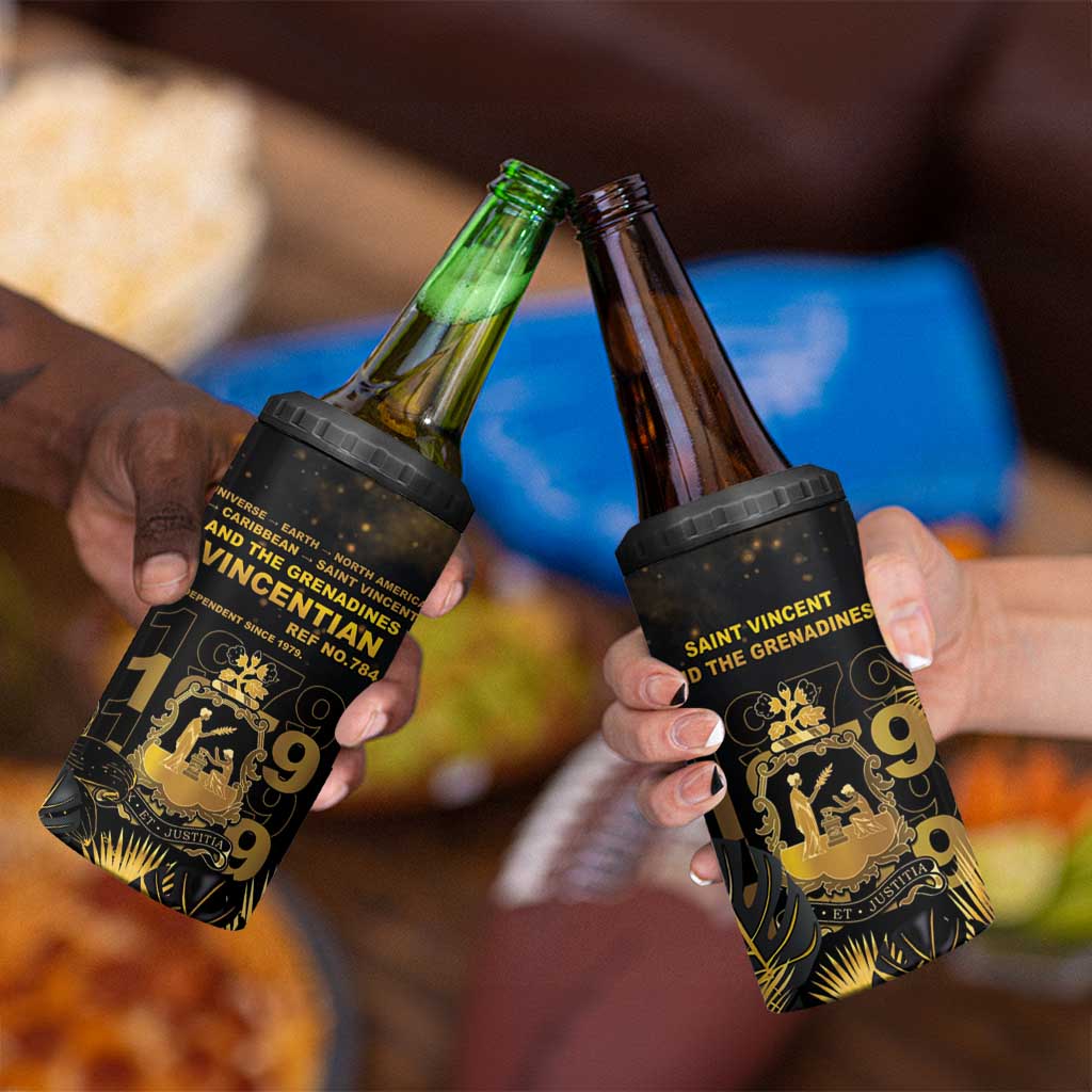 Saint Vincent And The Grenadines 1979 4 in 1 Can Cooler Tumbler Gold Tropical Leaves And Coat Of Arms - Wonder Print Shop