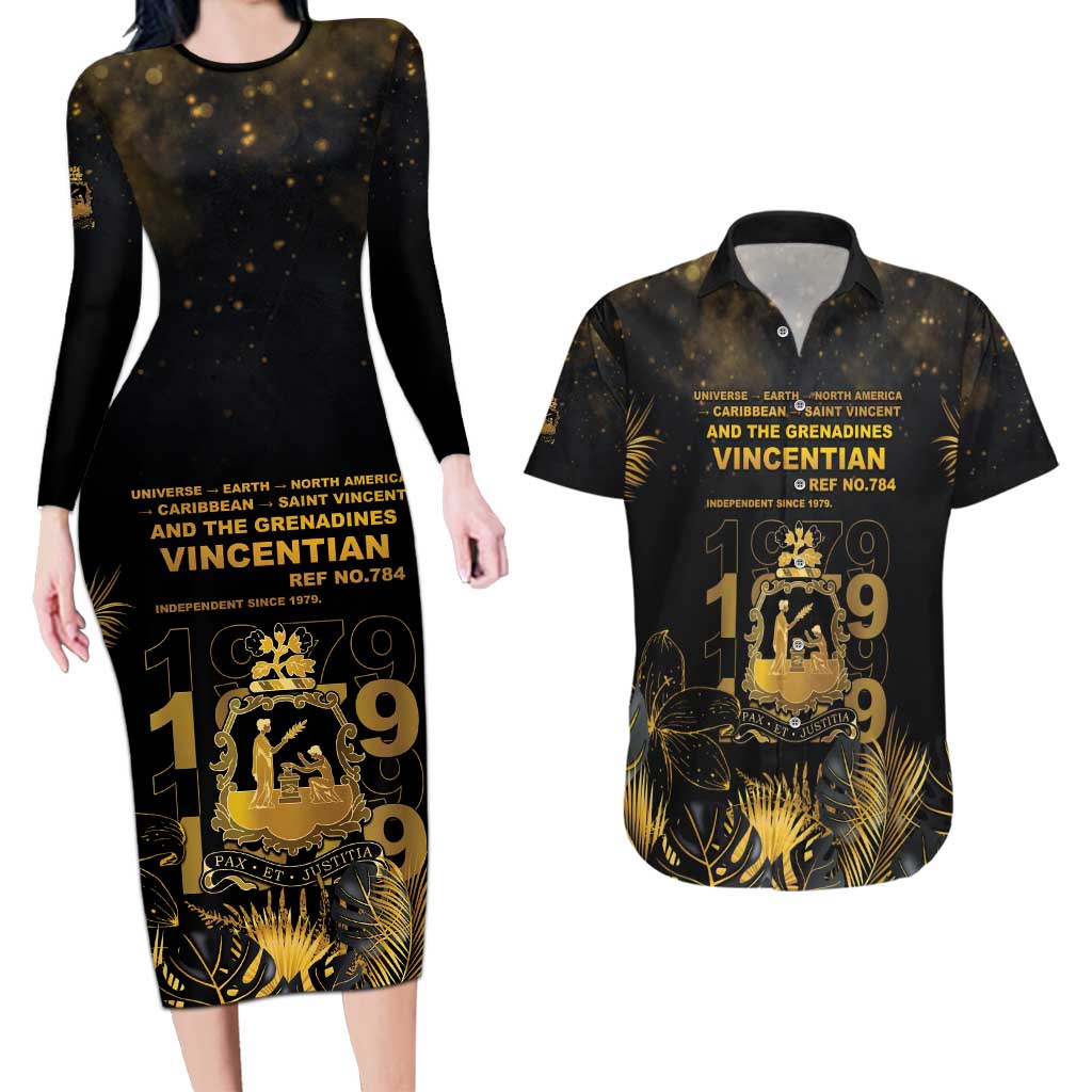Saint Vincent And The Grenadines 1979 Couples Matching Long Sleeve Bodycon Dress and Hawaiian Shirt Gold Tropical Leaves And Coat Of Arms - Wonder Print Shop