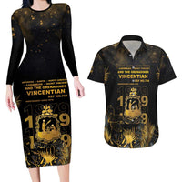 Saint Vincent And The Grenadines 1979 Couples Matching Long Sleeve Bodycon Dress and Hawaiian Shirt Gold Tropical Leaves And Coat Of Arms - Wonder Print Shop