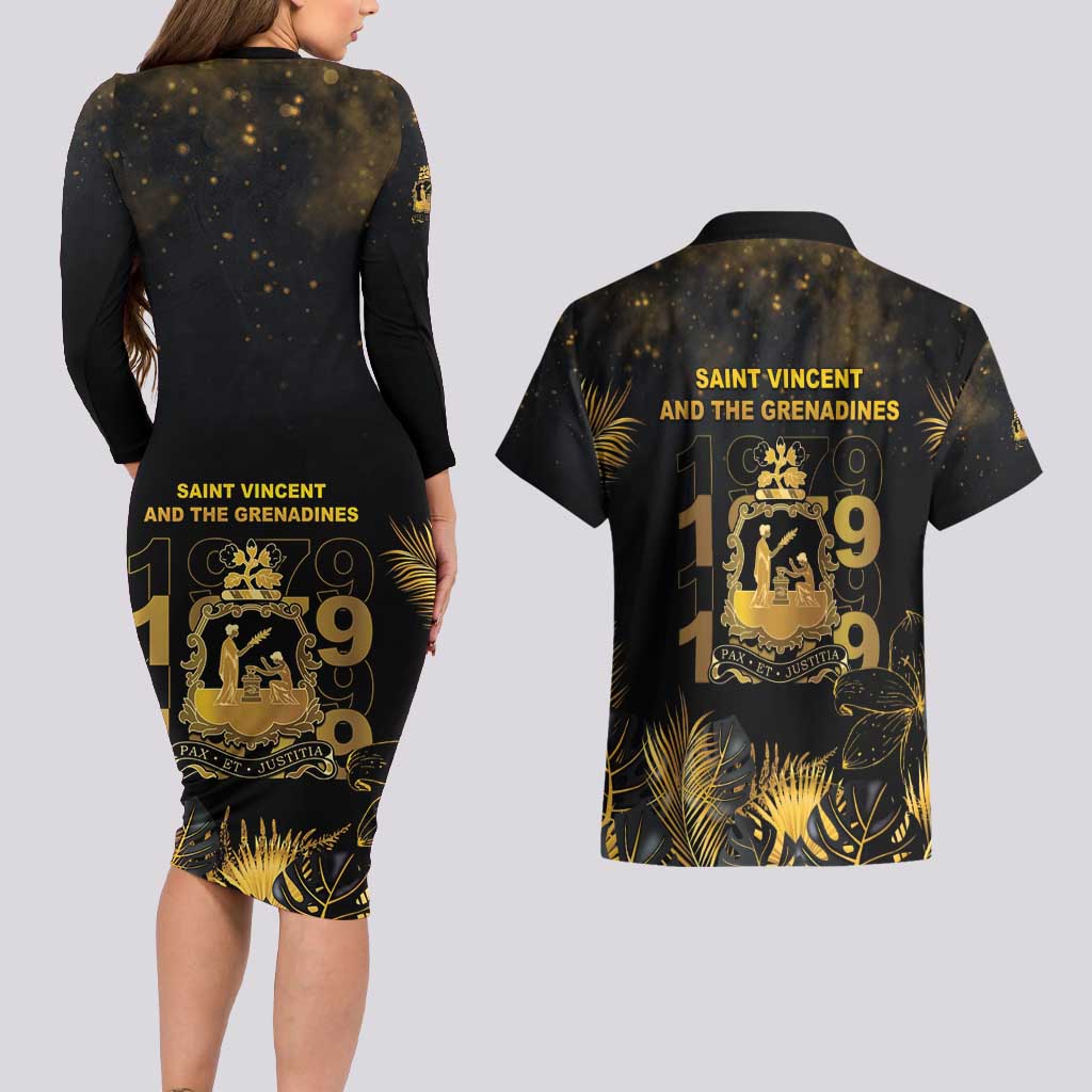 Saint Vincent And The Grenadines 1979 Couples Matching Long Sleeve Bodycon Dress and Hawaiian Shirt Gold Tropical Leaves And Coat Of Arms - Wonder Print Shop