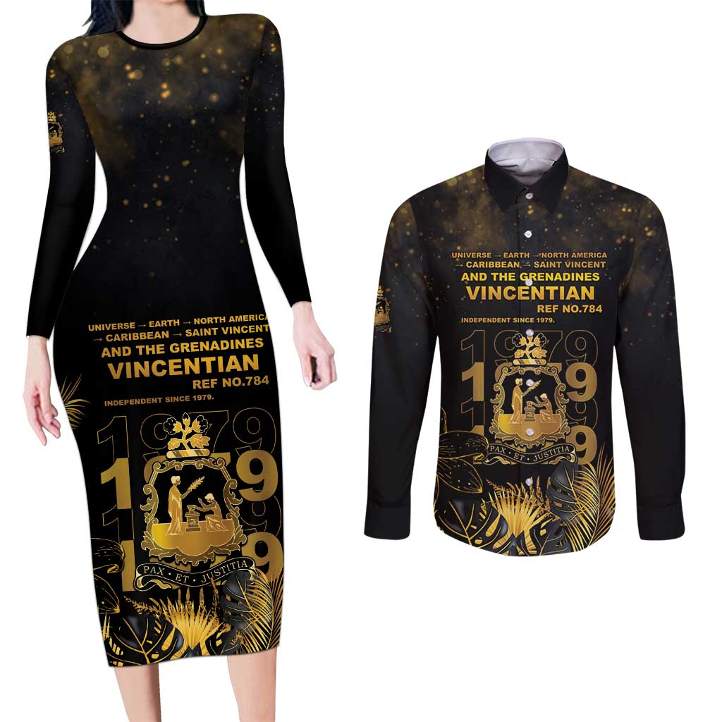 Saint Vincent And The Grenadines 1979 Couples Matching Long Sleeve Bodycon Dress and Long Sleeve Button Shirt Gold Tropical Leaves And Coat Of Arms - Wonder Print Shop