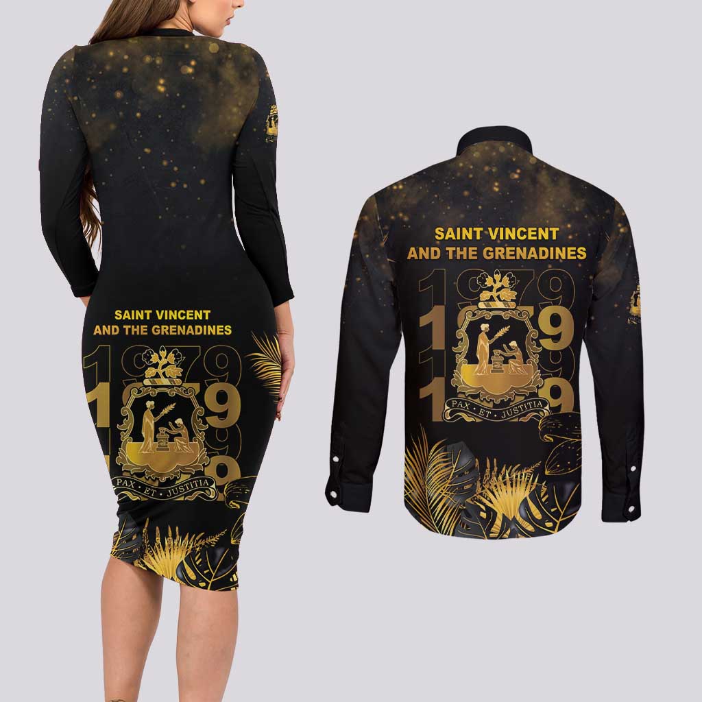Saint Vincent And The Grenadines 1979 Couples Matching Long Sleeve Bodycon Dress and Long Sleeve Button Shirt Gold Tropical Leaves And Coat Of Arms - Wonder Print Shop