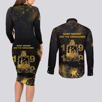 Saint Vincent And The Grenadines 1979 Couples Matching Long Sleeve Bodycon Dress and Long Sleeve Button Shirt Gold Tropical Leaves And Coat Of Arms - Wonder Print Shop