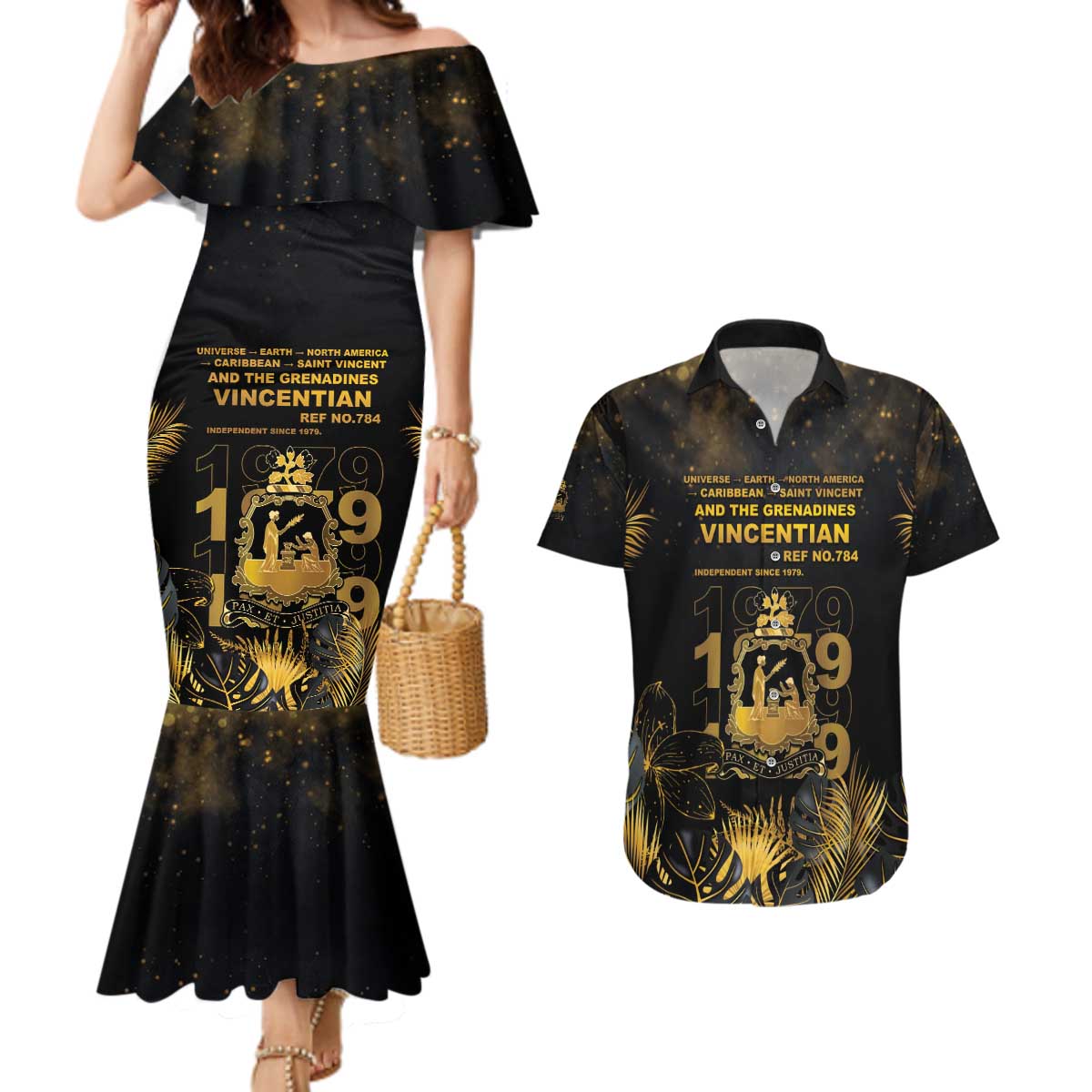 Saint Vincent And The Grenadines 1979 Couples Matching Mermaid Dress and Hawaiian Shirt Gold Tropical Leaves And Coat Of Arms - Wonder Print Shop