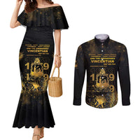 Saint Vincent And The Grenadines 1979 Couples Matching Mermaid Dress and Long Sleeve Button Shirt Gold Tropical Leaves And Coat Of Arms - Wonder Print Shop