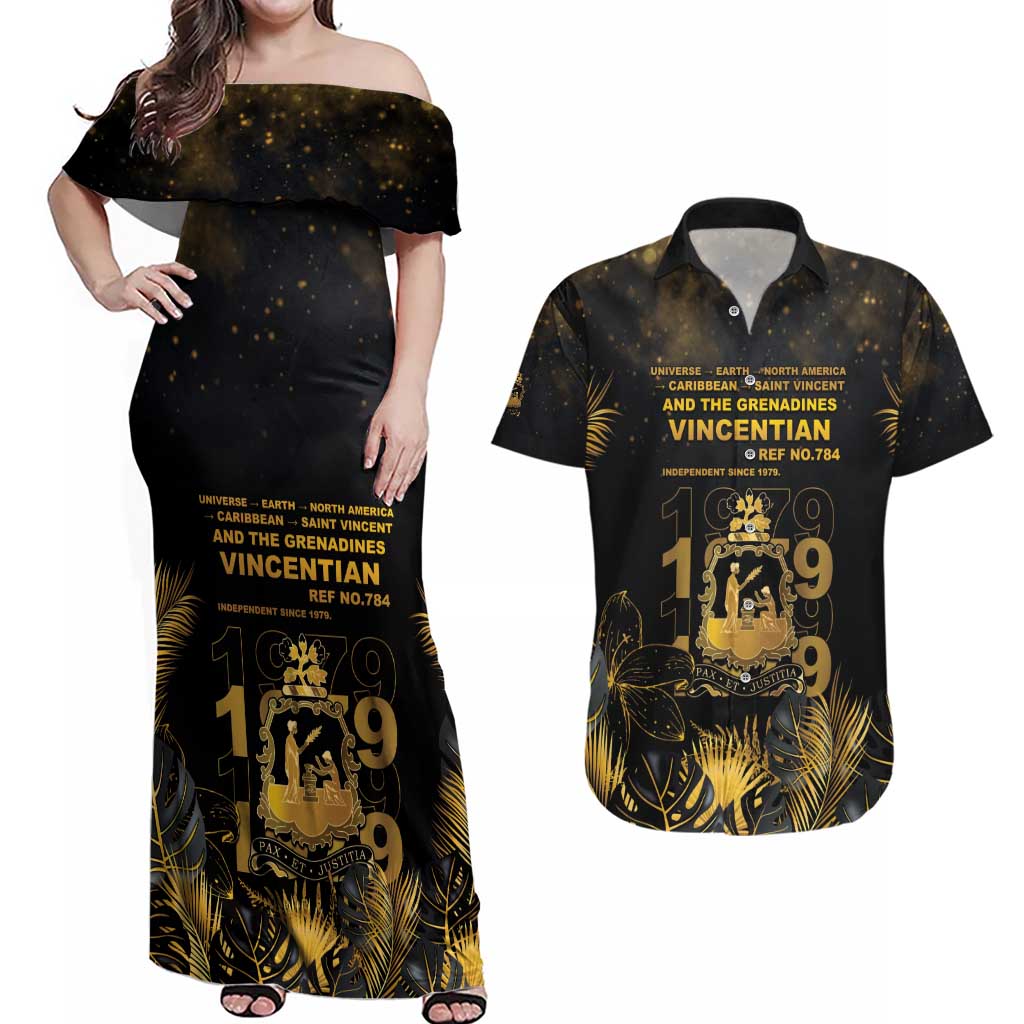 Saint Vincent And The Grenadines 1979 Couples Matching Off Shoulder Maxi Dress and Hawaiian Shirt Gold Tropical Leaves And Coat Of Arms - Wonder Print Shop