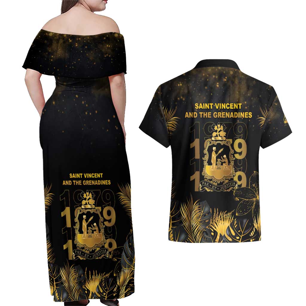 Saint Vincent And The Grenadines 1979 Couples Matching Off Shoulder Maxi Dress and Hawaiian Shirt Gold Tropical Leaves And Coat Of Arms - Wonder Print Shop