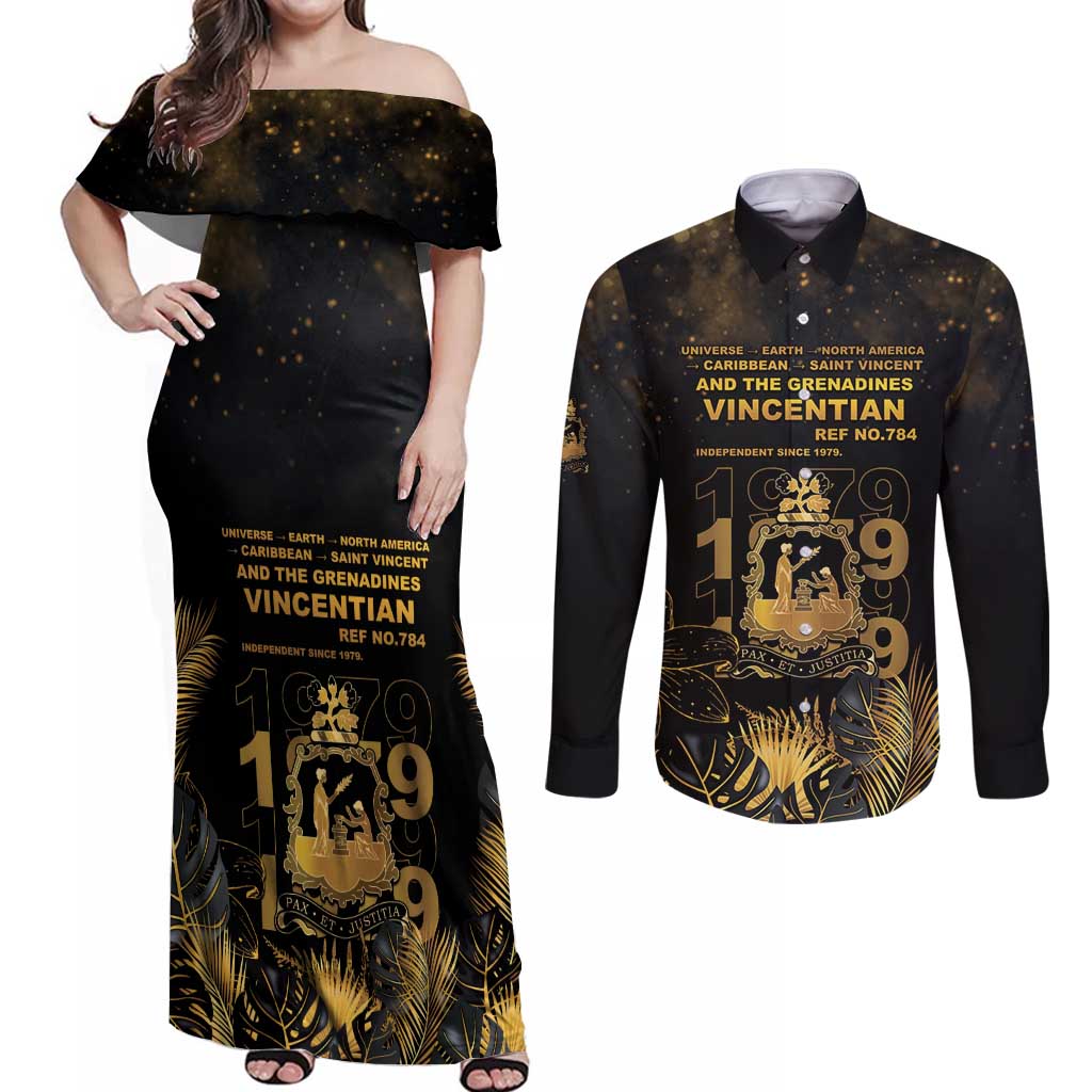 Saint Vincent And The Grenadines 1979 Couples Matching Off Shoulder Maxi Dress and Long Sleeve Button Shirt Gold Tropical Leaves And Coat Of Arms - Wonder Print Shop