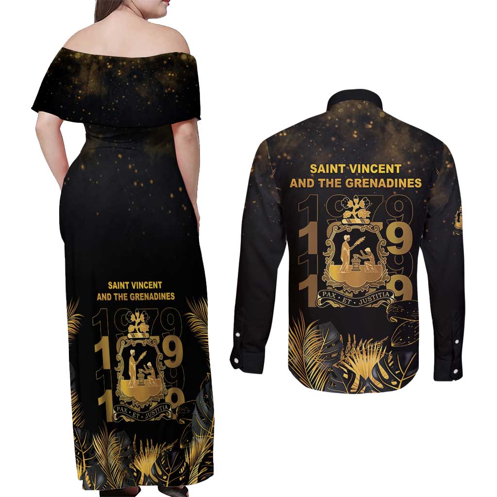 Saint Vincent And The Grenadines 1979 Couples Matching Off Shoulder Maxi Dress and Long Sleeve Button Shirt Gold Tropical Leaves And Coat Of Arms - Wonder Print Shop