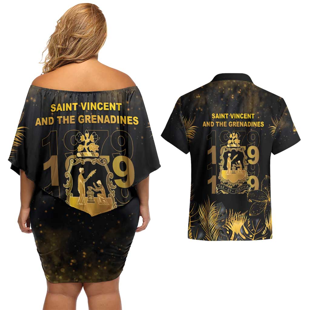 Saint Vincent And The Grenadines 1979 Couples Matching Off Shoulder Short Dress and Hawaiian Shirt Gold Tropical Leaves And Coat Of Arms - Wonder Print Shop